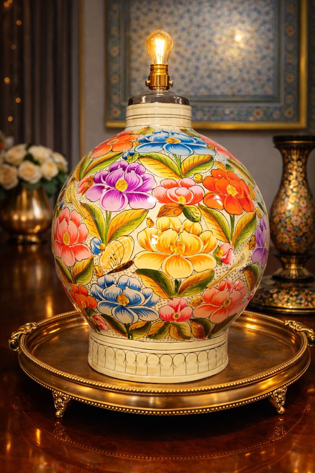 Elegant Table Lamp with kashmiri floral art, handmade paper mache table lamp 